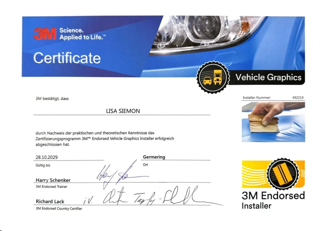 Zertifikat von 3M über die erfolgreiche Qualifikation als „3M Vehicle Graphics Installer“ im Bereich Carwrapping.